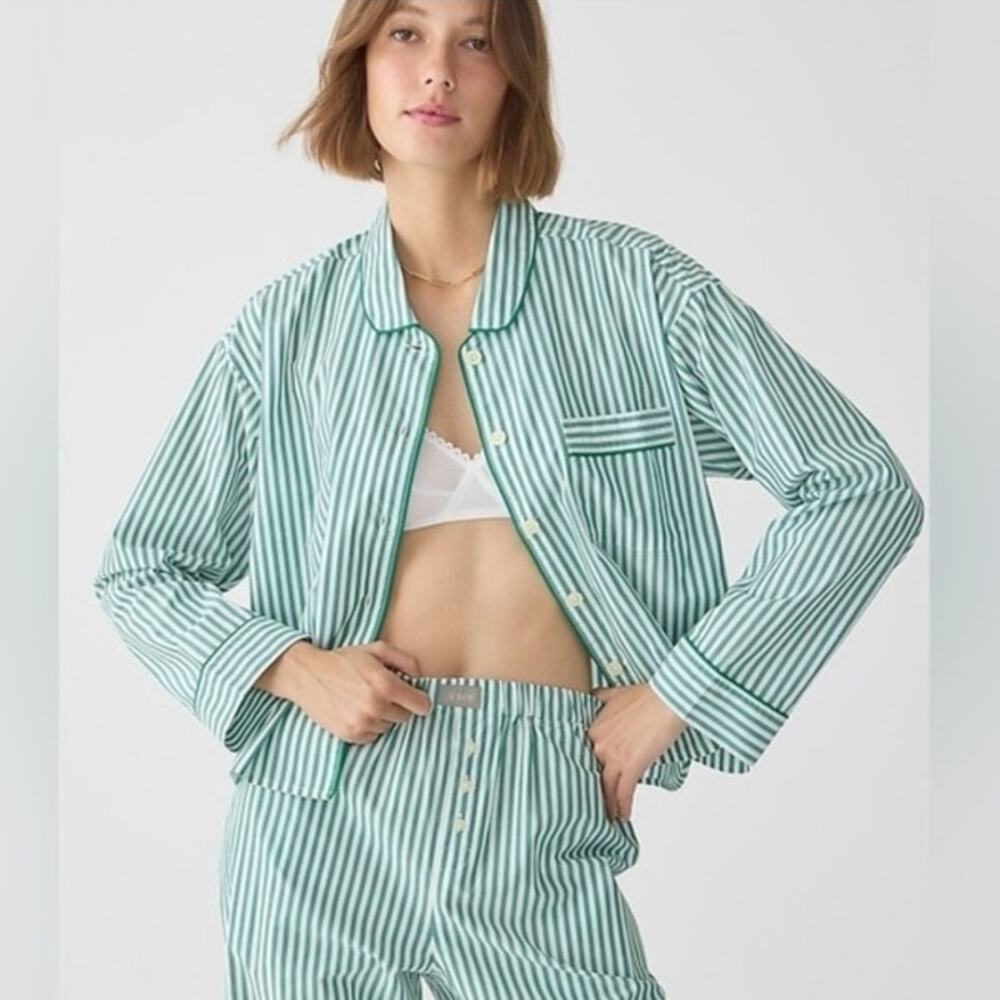 NWT J. Crew Long-Sleeve Pajama *TOP ONLY" Striped Cotton Poplin Green/White XL